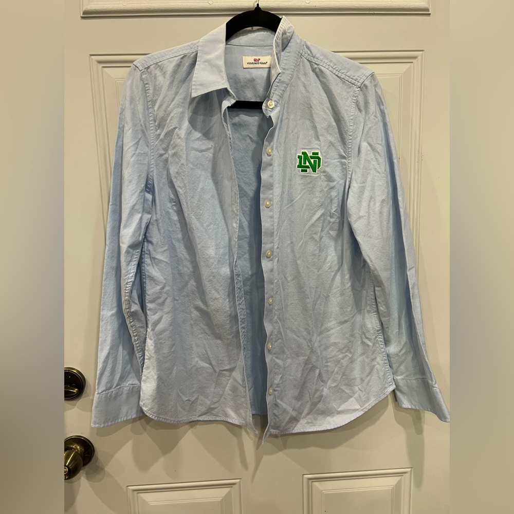 ND Light Blue Button-Up Shirt with Green Logo